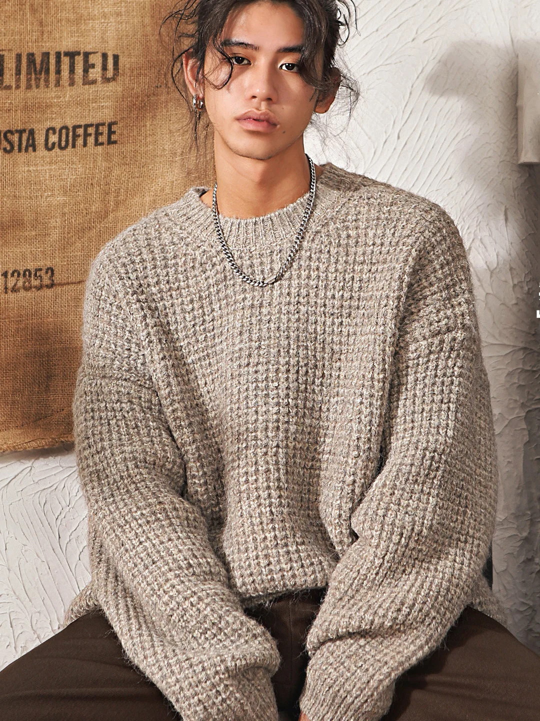 

Мужской свитер в стиле ретро-джинсовый слим-крой с узором «сосна», повседневная вязаная кофта свободного кроя для пар, удлиненная...