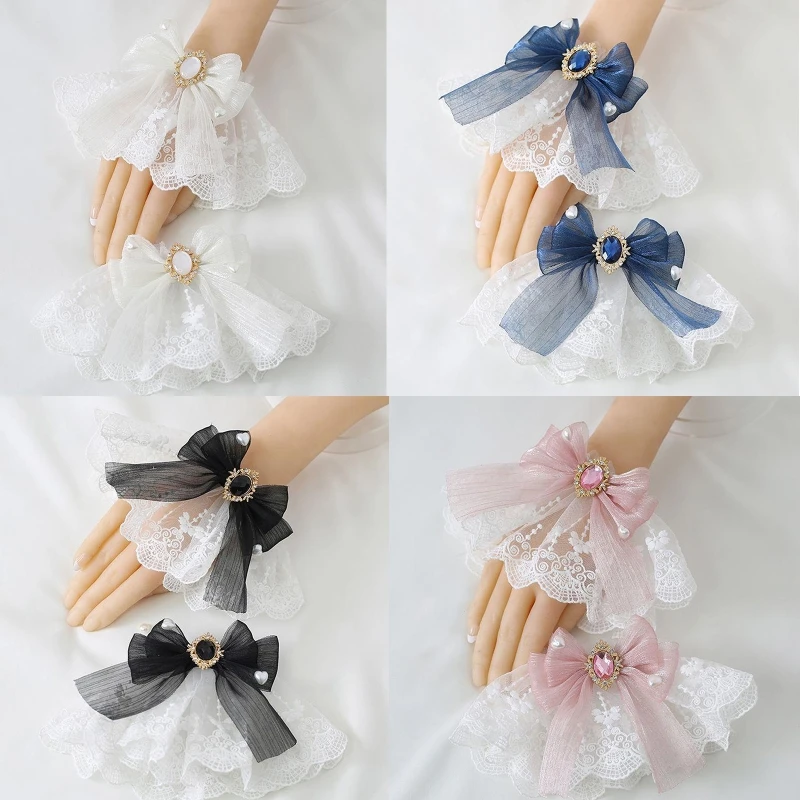 Japanse Lolita Handmouw Pols Manchetten Zoete Ruches Kant Multicolor Strik Meid Cosplay Armband Voor Huwelijksfeest