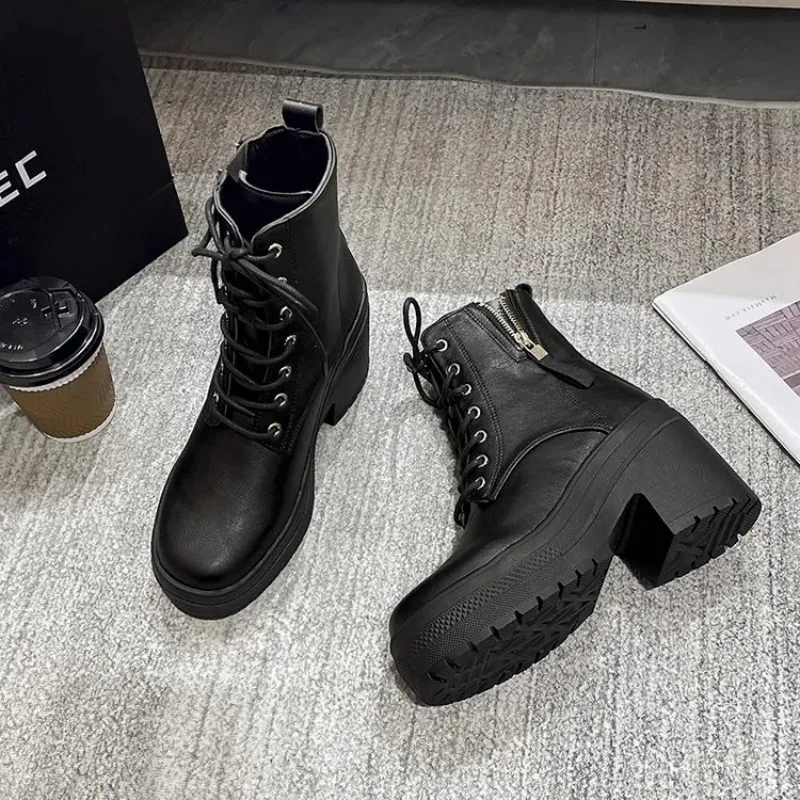 

2025 New Winter Plus Size Shoes for Women Side Zip Women's Ankle Boots Platform Square Heel Ladies Boots Lace-up Shoes Female