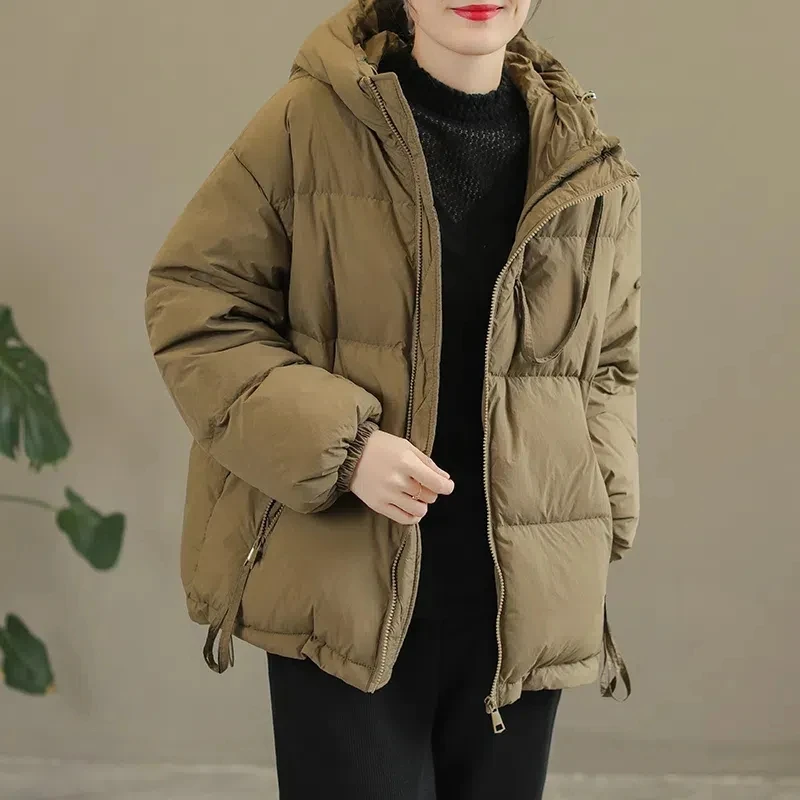 2024 New Thickened Women\'s Puffer Jacket Down Cotton-padded Coat Loose-fit Cropped Style Warm Hooded Jacket For Petite Outwear