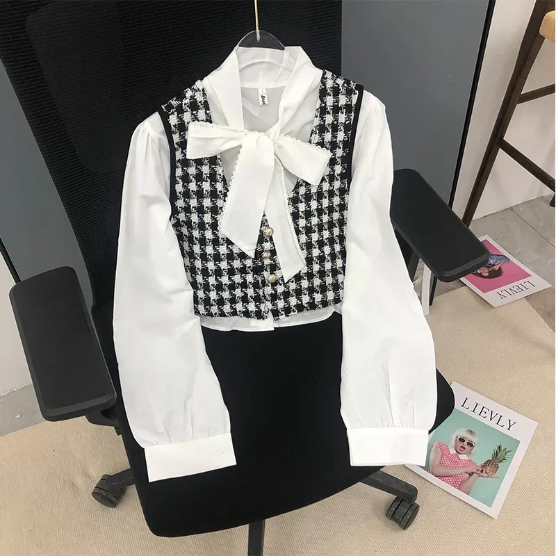 DAYIFUN-Large Bow Neck Shirts for Women Long Sleeve Folding Blouses Thousand Bird Check Vests Casual Simple Tops 2 Pcs Sets