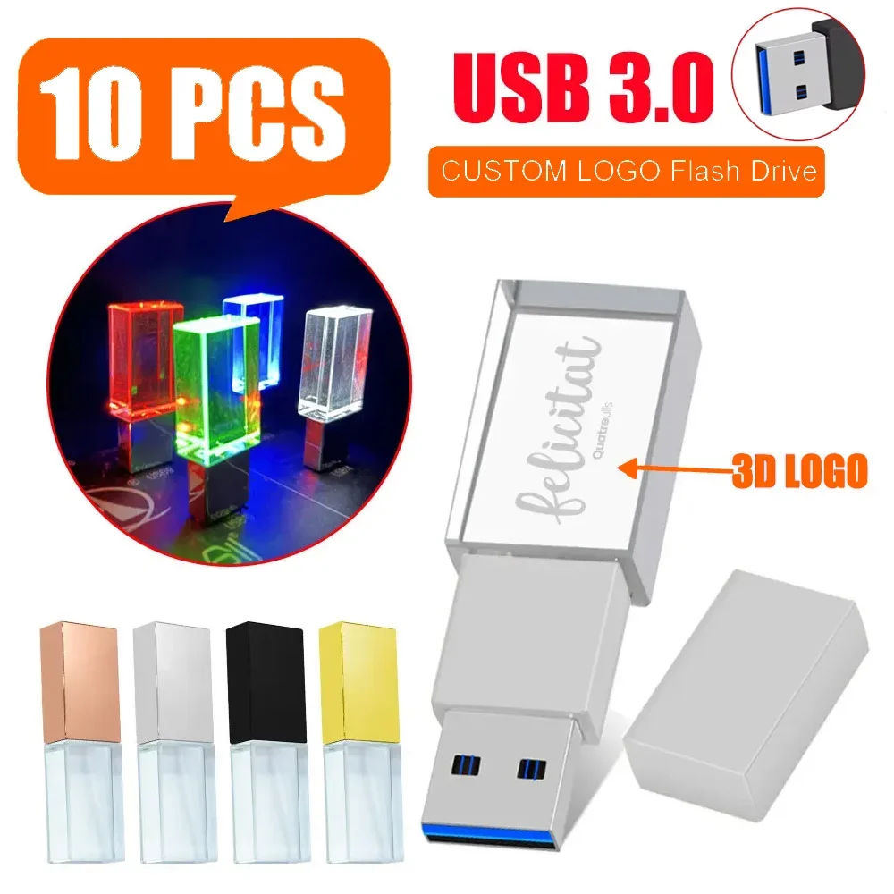 

JASTER 10 шт. вспышки с кристаллами USB 3.0, 128 ГБ, бесплатный индивидуальный логотип, светодиодная высокоскоростная карта памяти для ноутбука, USB-накопитель