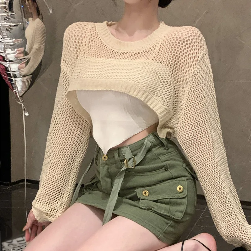 Womens Sun Protection Blouse Crew Neck Short Knitted Crop Top Breathable Mesh Fabric Long Sleeve T-Shirts