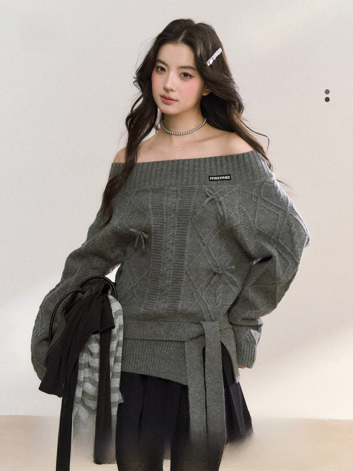 

FPMZ Lazy Sle One-oulder Knot Linen Pattern Split Knitted Sweater Autumn Winter Slimming Top Women's Faion