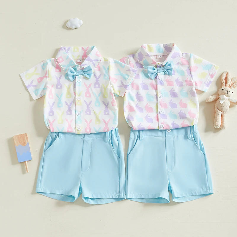 Toddler Baby Boy Easter Outfit Short Sleeve Bunny Print Bow Tie Button Down Shirt Top Shorts 2Pcs Set