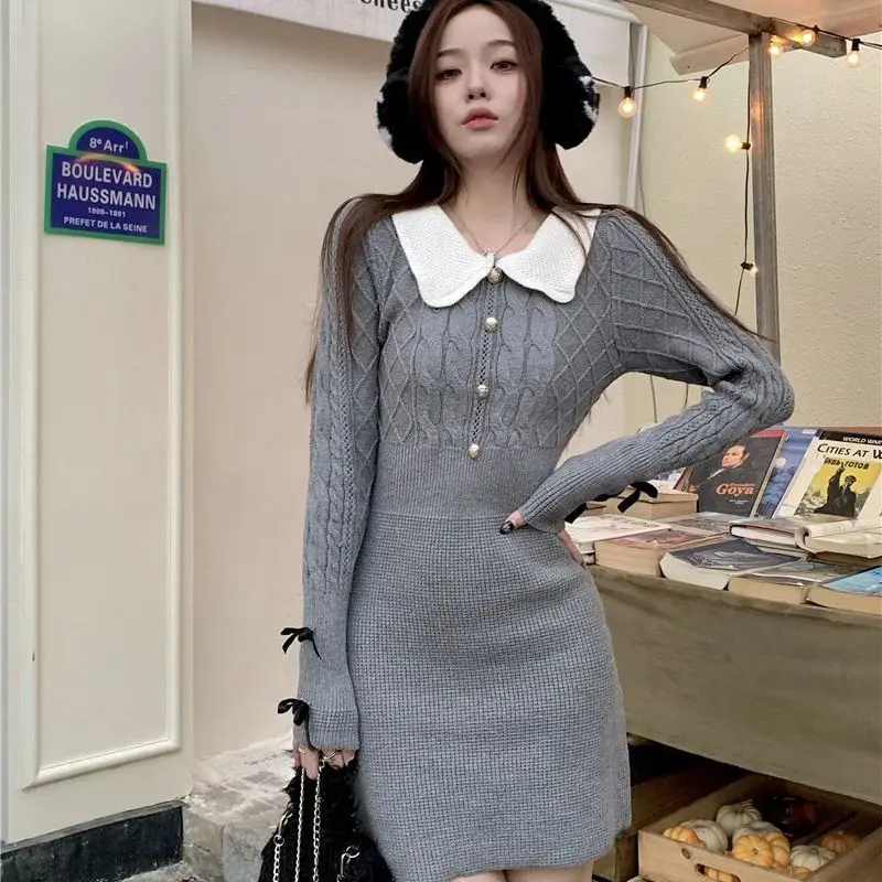 2024 Dress Women\'s Autumn and Winter New Collection Waist Cinching Spicy Girl Knitted Hip Hugging Skirt Short Skirt Gray Skirt