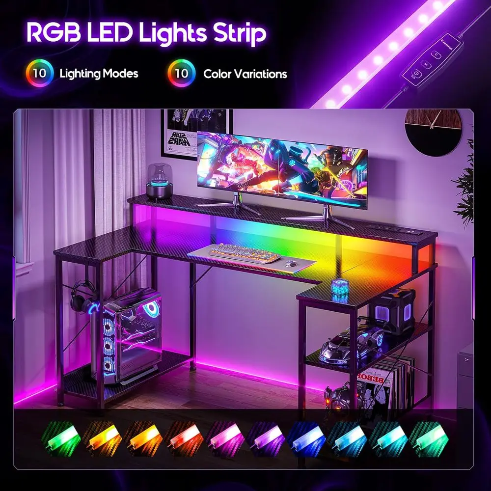 مكتب ألعاب من ألياف الكربون على شكل حرف U، 55 مصباح LED مع مخرج طاقة، وحامل شاشة للتخزين لألعاب الكمبيوتر أو المكتب المنزلي #6