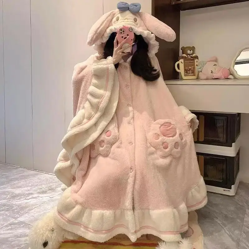 Anime My Melody 2 pezzi pigiama caldo peluche set Sanrio Kawaii inverno carino homewear per le donne camicia da notte in velluto corallo mantello ispessito