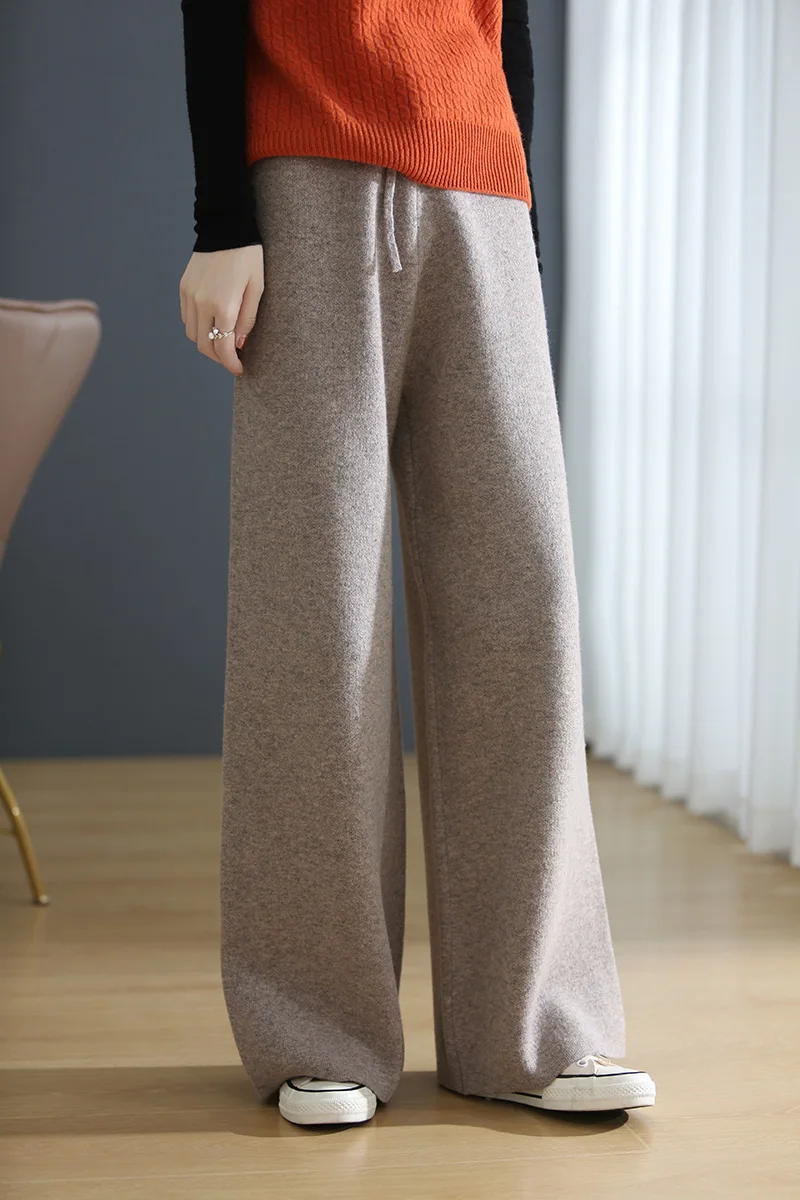 

2023 New Autumn Winter Women 100% Wool Elastic Pants Soft Waxy Comfortable High-Waist Knitted Female Solid Color Wide Leg Pants