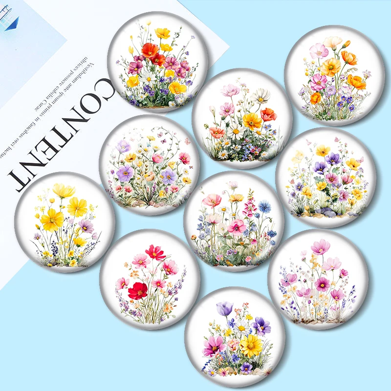 Cabujón de cristal de 12/18/20/25mm con diseño de prado de flores silvestres en acuarela, para pulseras, colgantes, anillos, pendientes y como componentes para la fabricación de joyas