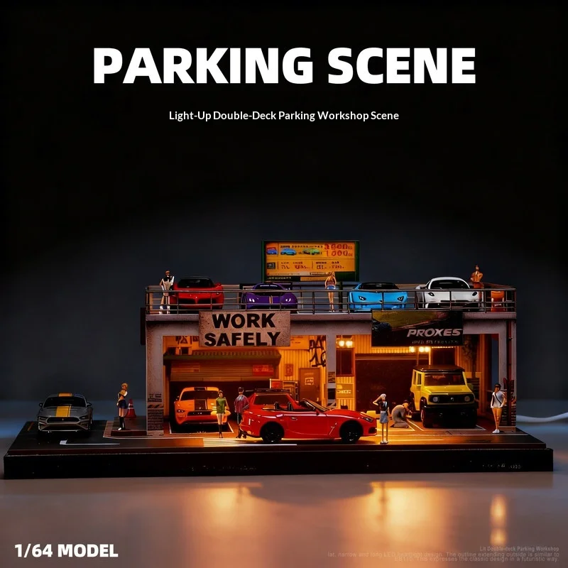 

Shoucangjia 1:64 2-Story Parking Garage Model With Led Lights Mini Scene Tomica Car Parking Space Display Case Collector Decor