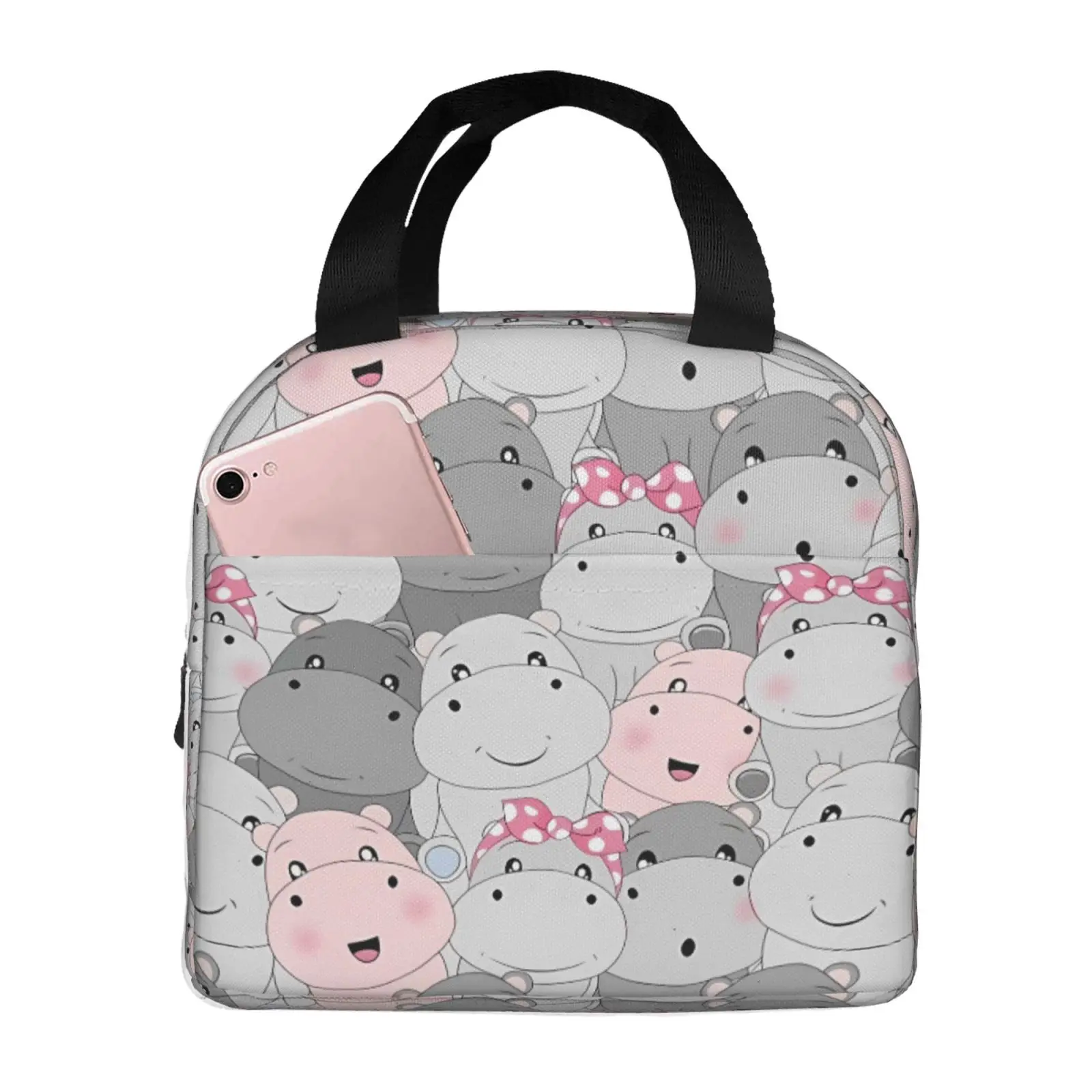 Cute Cartoon Hippopotamus Pattern Print Lunch Tote Bag Insulated Leakproof Lunch Box Container with Front Pocket for Girls Boys