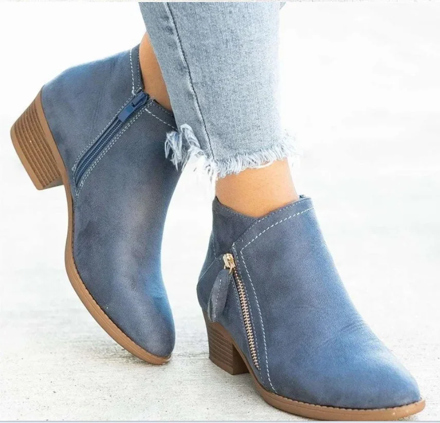 2024 Autumn/Winter Vintage Women's Boots Chunky Heel Side Zipper Ankle Boots Plus Size 43