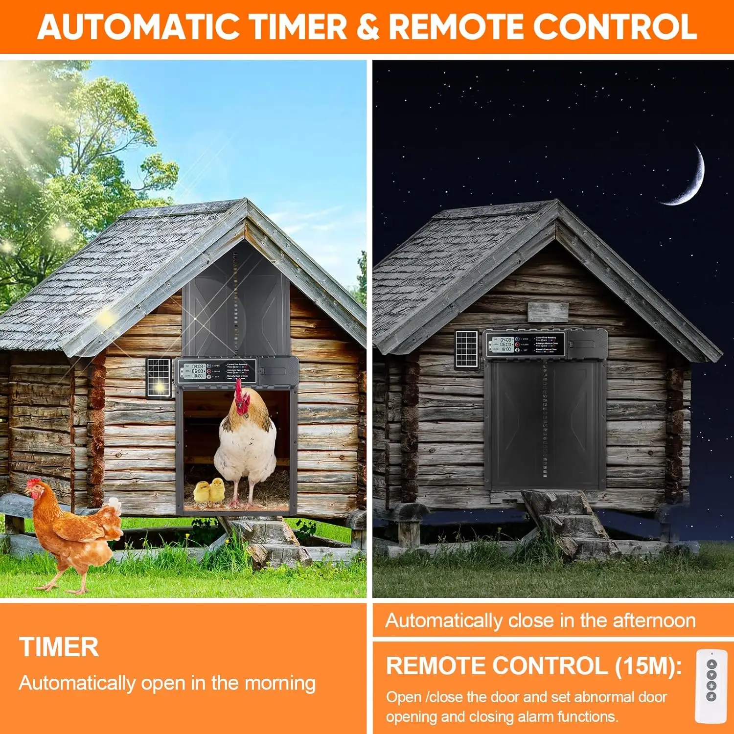 大型ソーラー式全自動鶏小屋ドア アルミ合金製 タイマー・リモコン・LCD液晶画面付き 簡単鶏小屋管理