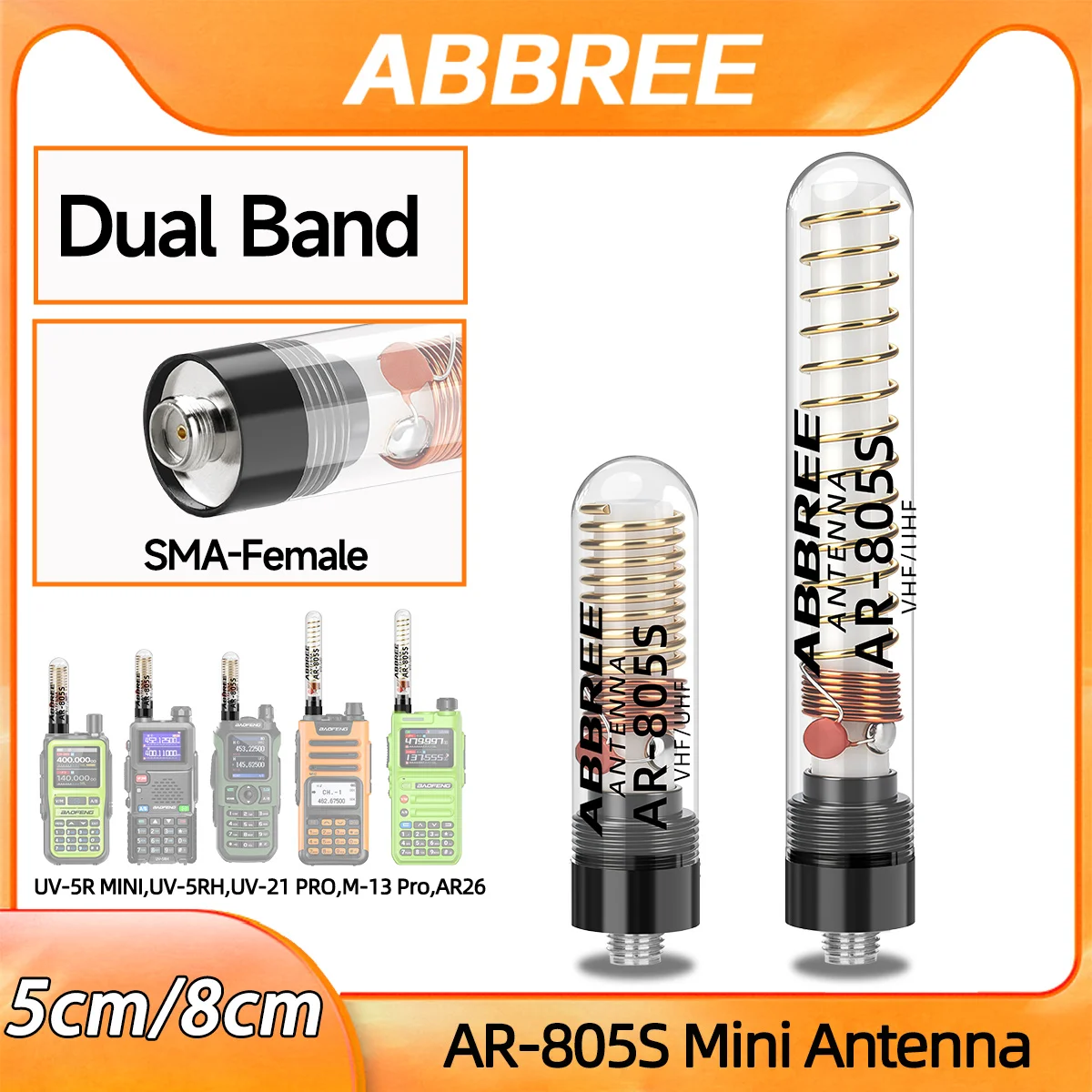 ABBREE AR-805S AR-805 PLUS Walkie Talkie Mini Antenna SMA-Female Dual Band High Gain For UV-5R Mini UV-32 UV-21PRO Two Way Radio