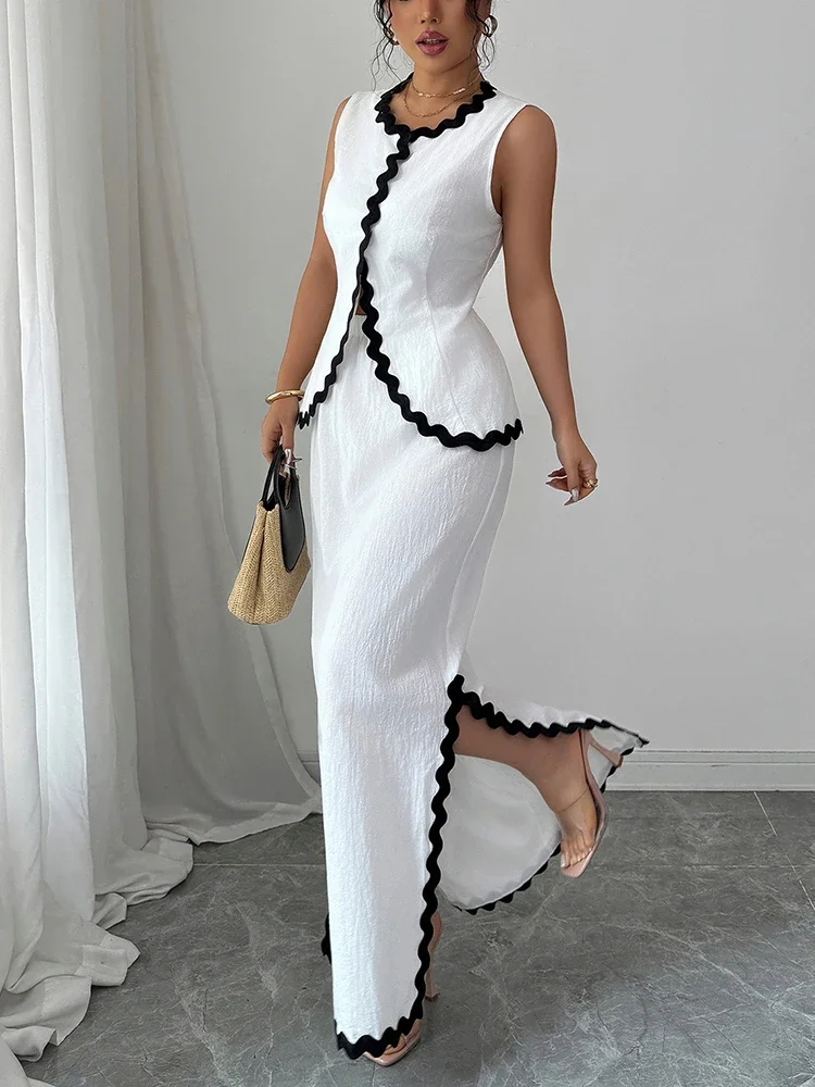 

summer women's sleeveless casual style polyester material new fashionable round neck pullover lace vest skirt set