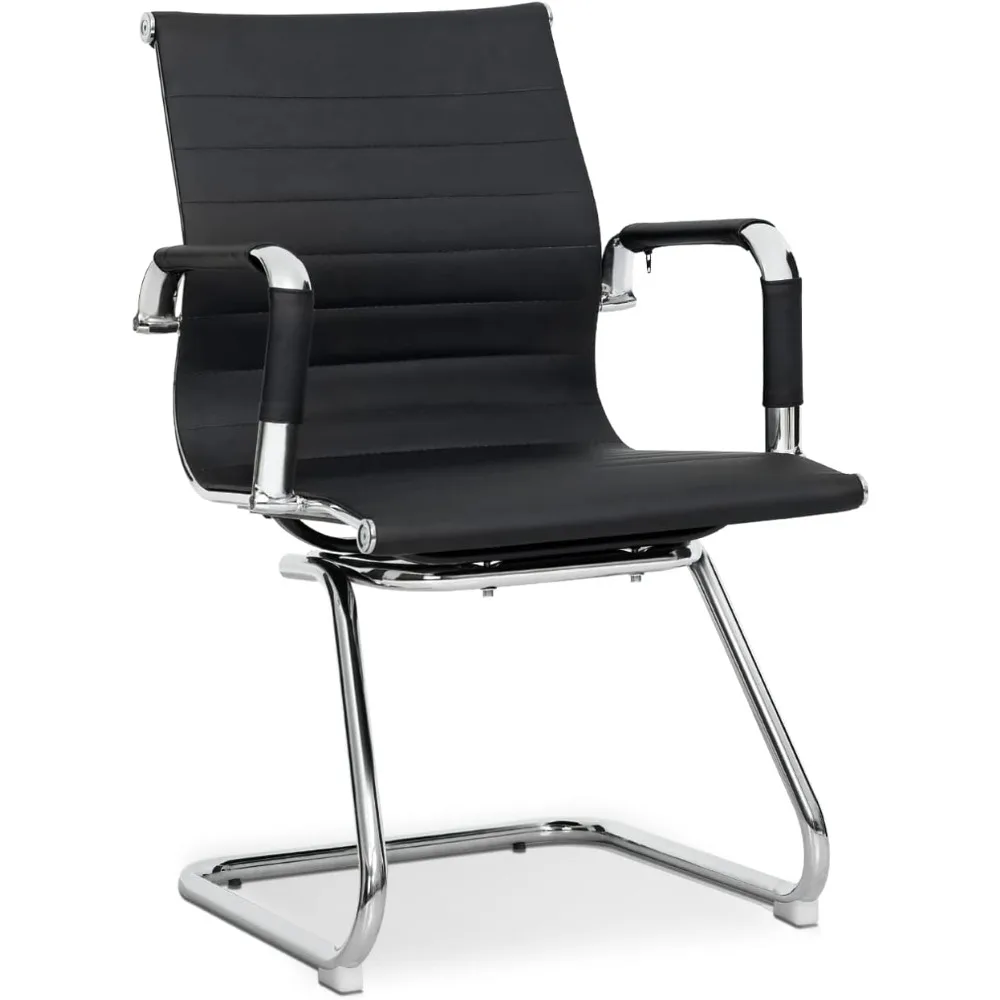 

Office Guest Chair Without Wheels PU Leather Mid-Back Sled Base Chairs for Reception Desk Waiting Meeting Conference Room, Black