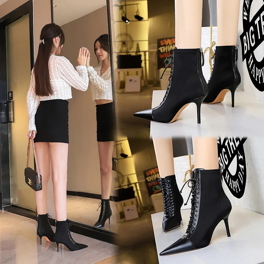 

Korean Fashion Sexy Slim Women's With Thin High Heels Heels Shallow Mouth Pointed Toe Lacing Cross Strap Short Boots Women Pumps