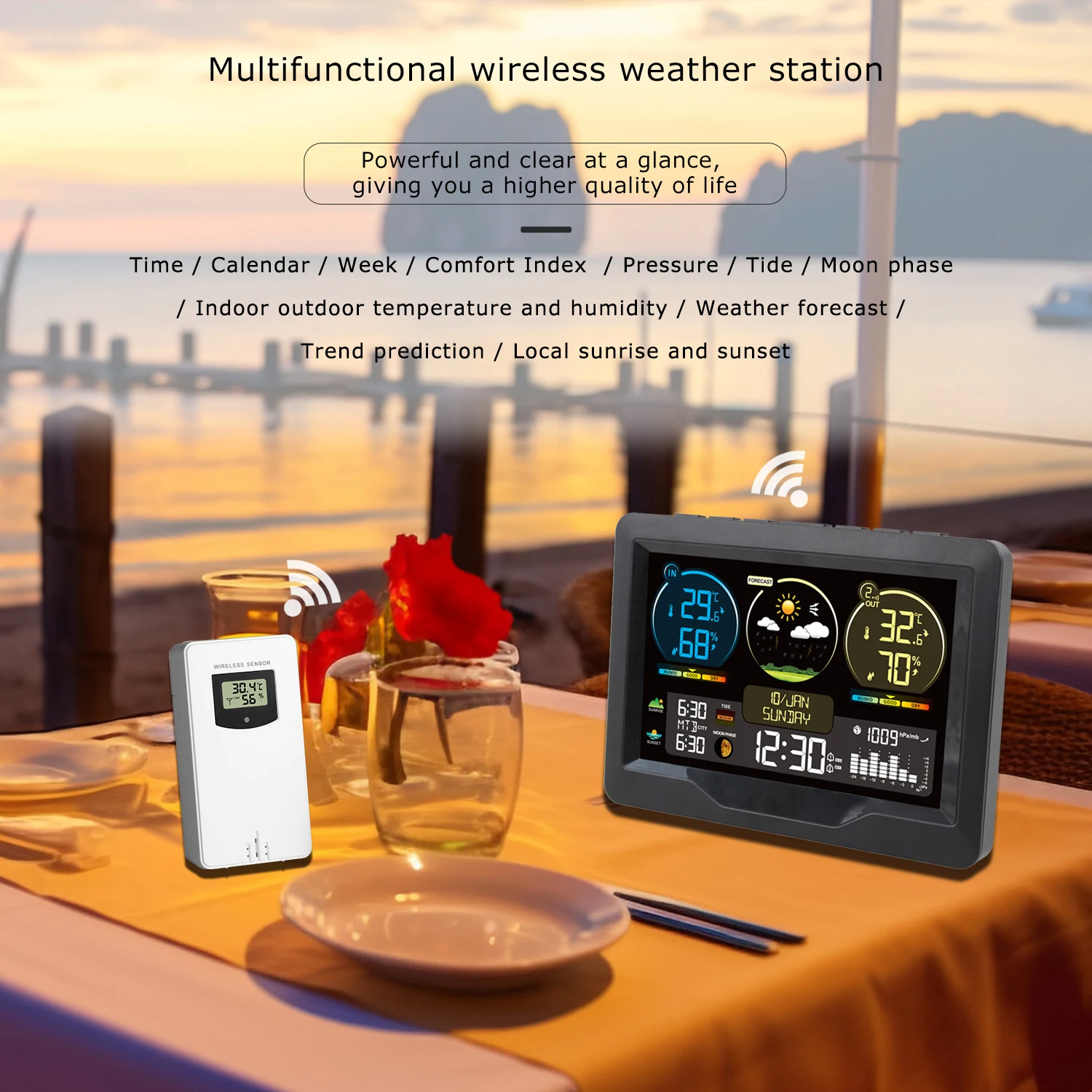 Brand Wireless Weather Station Digital Home Temperature Humidity Meter Pressure Tide Moon Phase Wall Clock Forecast Trend Sesnor