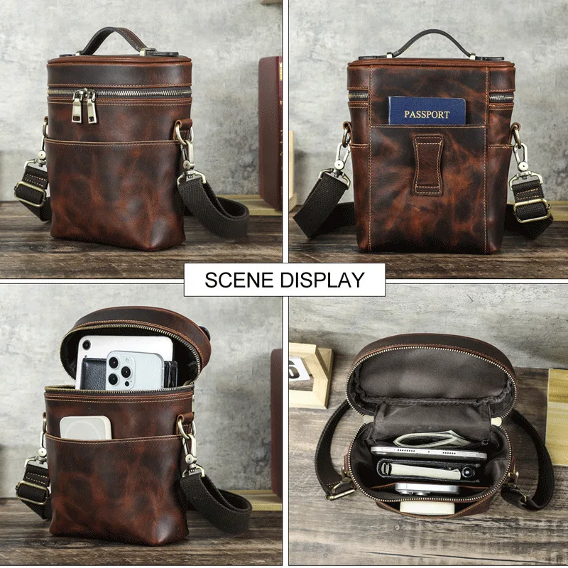 

Retro crazy horse leather multi-purpose hand-held crossbody bag, belt-worn phone bag, cylindrical single-shoulder bag