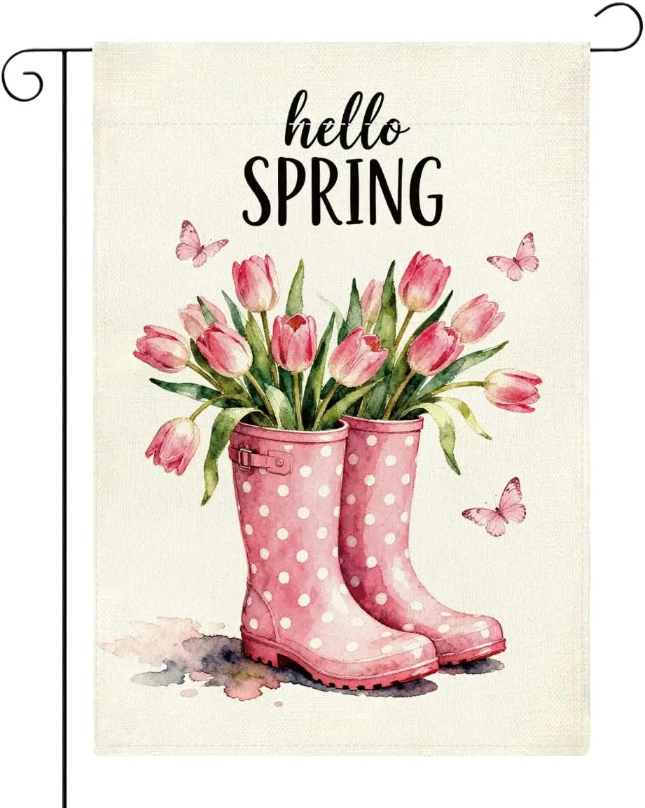 Hello Spring Summer Easter Tulip Garden Flag Double Sided Boots Tulips Colorful Floral Small Burlap Yard House Seasonal Farm WWP