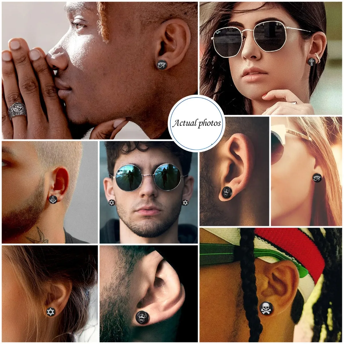 6pairs/set Black Round Stud Earrings Skull Celtic Cross Star of David Viking Wolf Tree Fighter Eye of Horus Unisex Jewerlry QC24