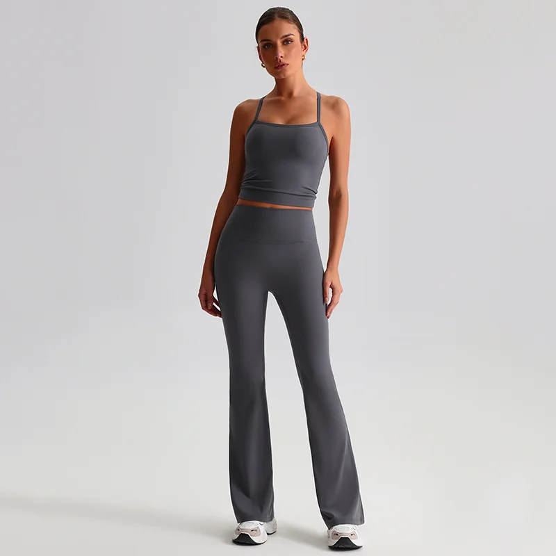 Women Flared Leggings Tank Top 2 Piece Gym Suit Fitness Yoga Set High Stretch Nylon Running Sportswear Quick-dry Workout Clothes image 4