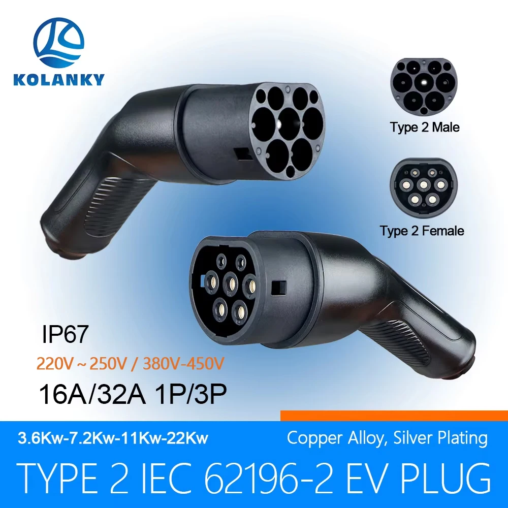 

Type 2 EV Charger Plug Adapter 16/32A 3.6/7.2/11/22KW IEC 62196 Male/Female For Charging Station And Eletric Vehicle Connector