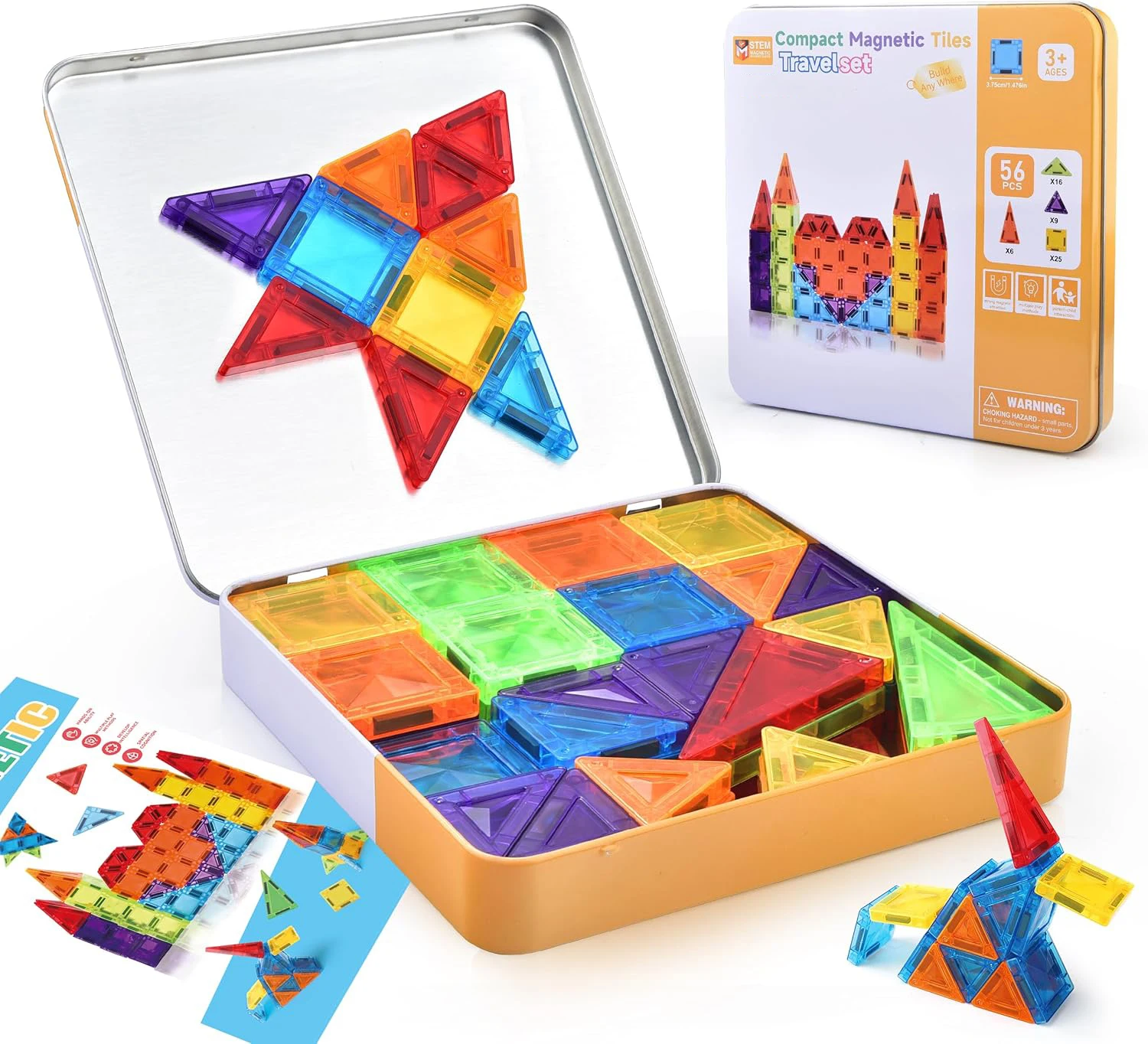 Magnetic Tiles Travel Set Metal Tin Box STEM Building Blocks Colorful ABS Magnet Toy for Kids 3+ Boys Girls Birthday Holiday