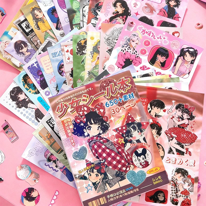 Mr. Paper 30pcs Japanese Showa Sticker Book, Y2K Memory Theme, Vintage Cute Cartoon Dress-Up Diorama DIY Handbook Journal Materi