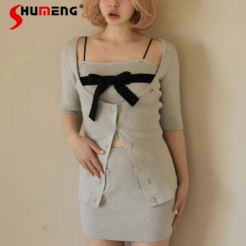 New Japanese Rojita Style Sweet Girl Bow Slim-fitting Knitted Cardigan+slings+skirt Three Pieces Set Women's Daily Wear Clothes