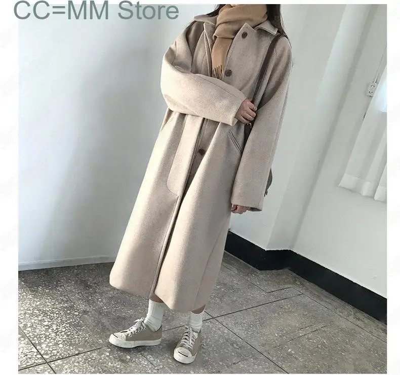 

New Woolen Coats for Women Turn Down Collar Fall Winter Korean Fashion Oversized Single Breasted Jackets Blends Outerwear