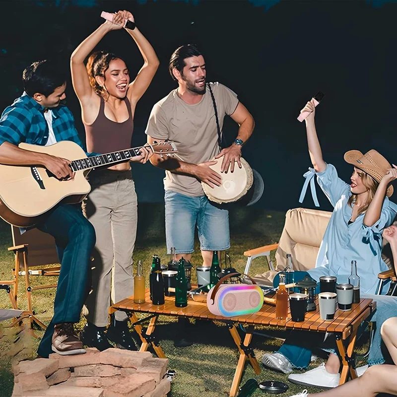 Mesin Karaoke Mini, Set Speaker Bluetooth portabel dengan 2 mikrofon nirkabel dengan lampu LED (putih) mudah dipasang