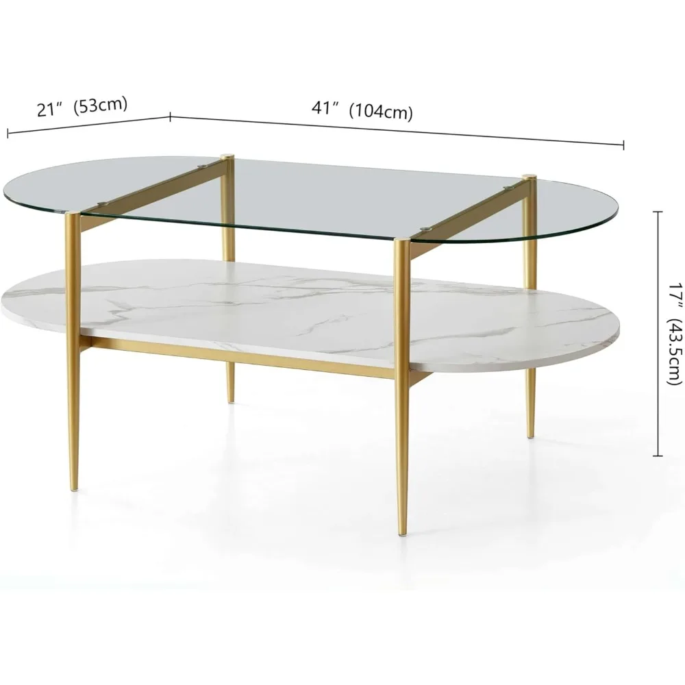 Mid-Century Oval Coffee Table with Clear Glass and White Marble Finish for Living Spaces