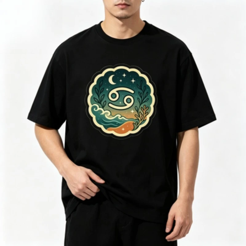 Male Tee Vintage Nature Scenery Cancer Horoscope Symbol Moon Wave Leaf Graphic Astrology Lover Casual Streetwear Cotton Top