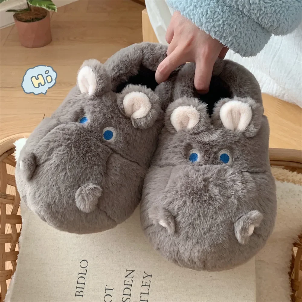 Creative Cartoon Cute Hippo All-inclusive Plush Cotton Slippers Women's Winter Indoor Plush Warm Comfortable Fluffy Shoes