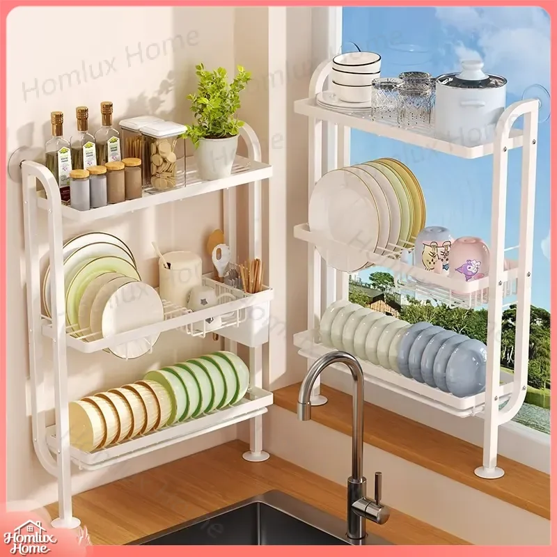 Narrow Kitchen Dish Drain Rack for Countertop Sink Side Wall Mounted Tableware Drying Rack with Drain Tray Space Saving Dish