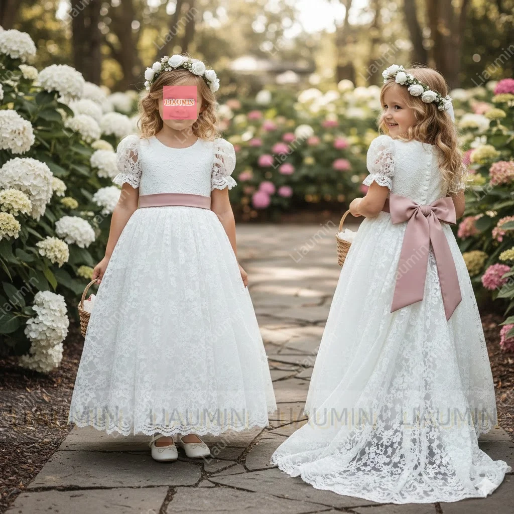

Liaumin White Flower Girl Dresses Short Sleeve Floor Length Princess Tulle Lace First Communion SKirt For Kids Customized W21.8