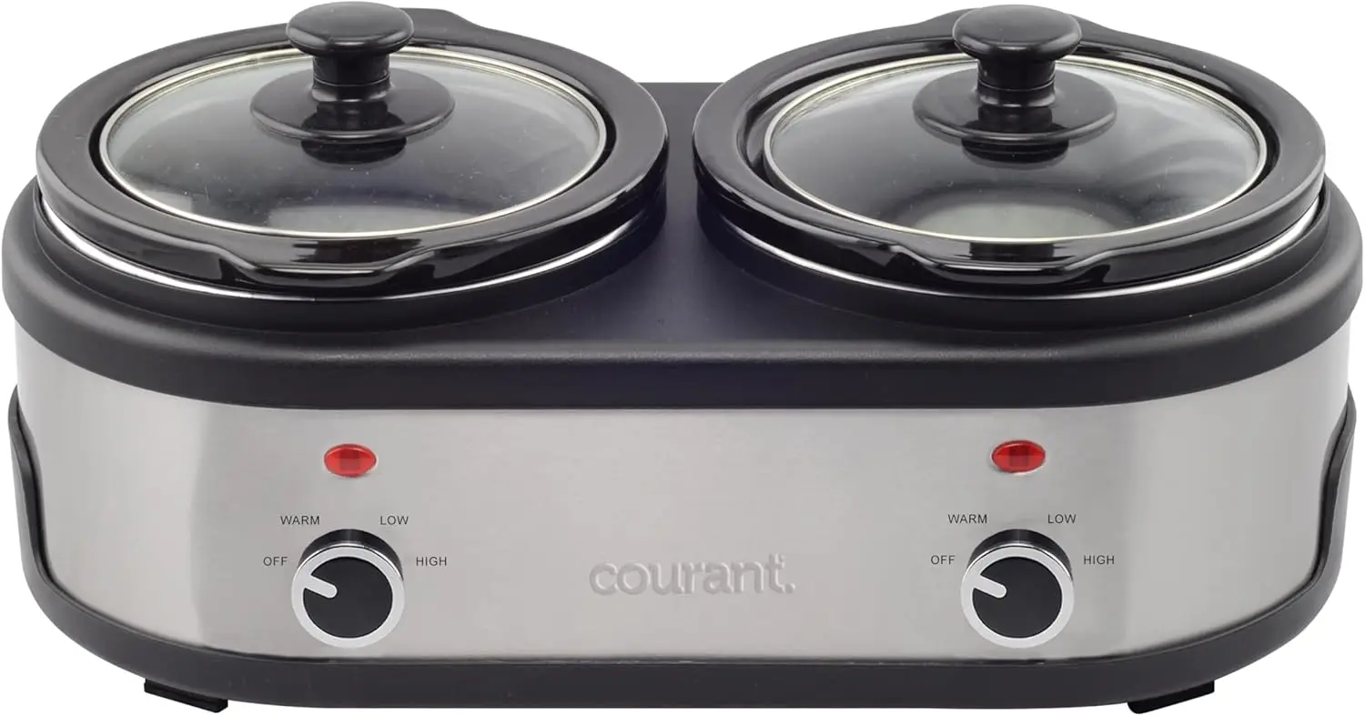 Pentola a cottura lenta doppia da 3,2 litri (1,6 Qt ciascuno) con impostazioni calde, pentole antimacchia e coperchi in vetro - Acciaio inossidabile