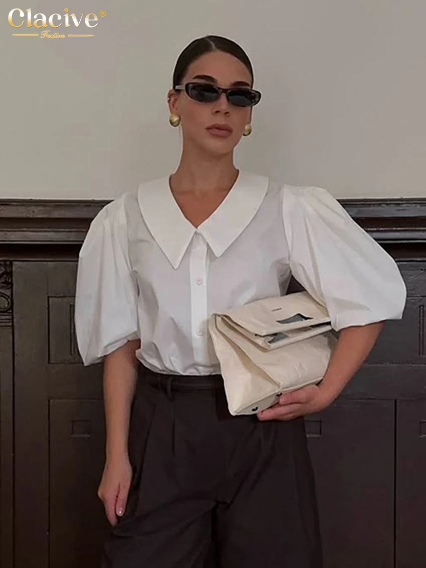 

Clacive Summer Loose White Cotton Women's Shirt 2026 Fashion Lapel Short Sleeve Blouse Elegant Classic Crop Top Female Clothing