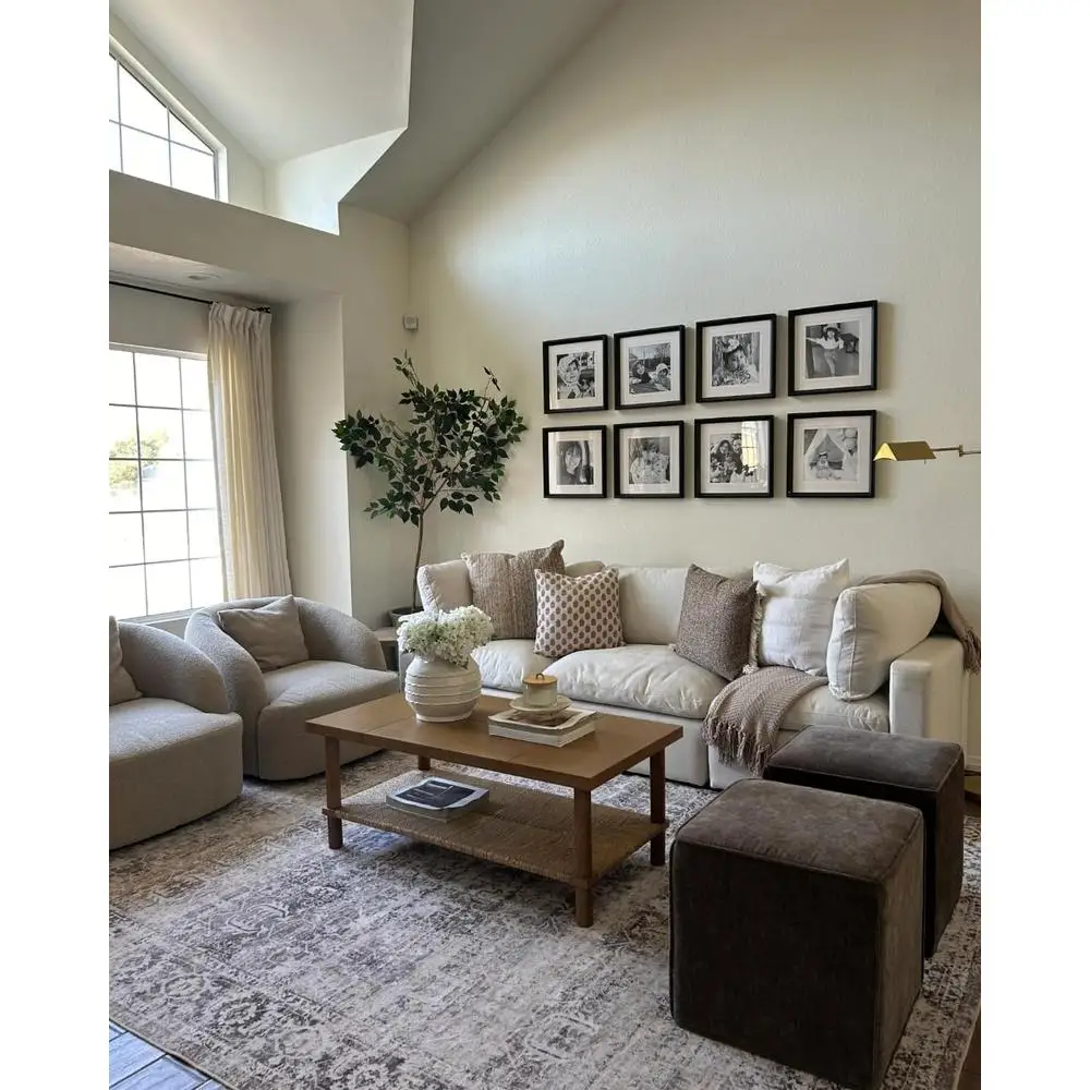 Rectangle Coffee Table with Storage 2-Tier Structure Solid Wood Legs Natural Seagrass Shelf Living Room Organization