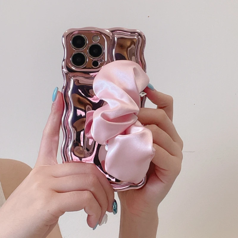 Wavy Pattern Silk Scarf Wrist Strap Suitable for iPhone 17 Pro Max Case 16 Pro Full-coverage 15 Shockproof Phone Protective Case