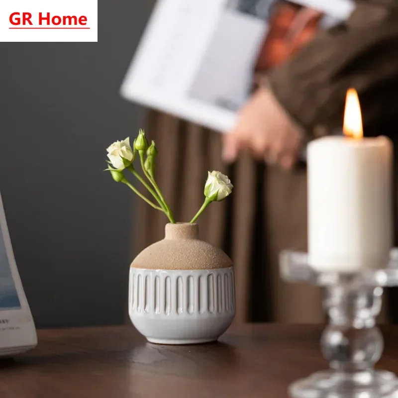 Nordic-style two-tone ceramic small vase, fresh and simple flower arrangement decor with an elegant touch for home display