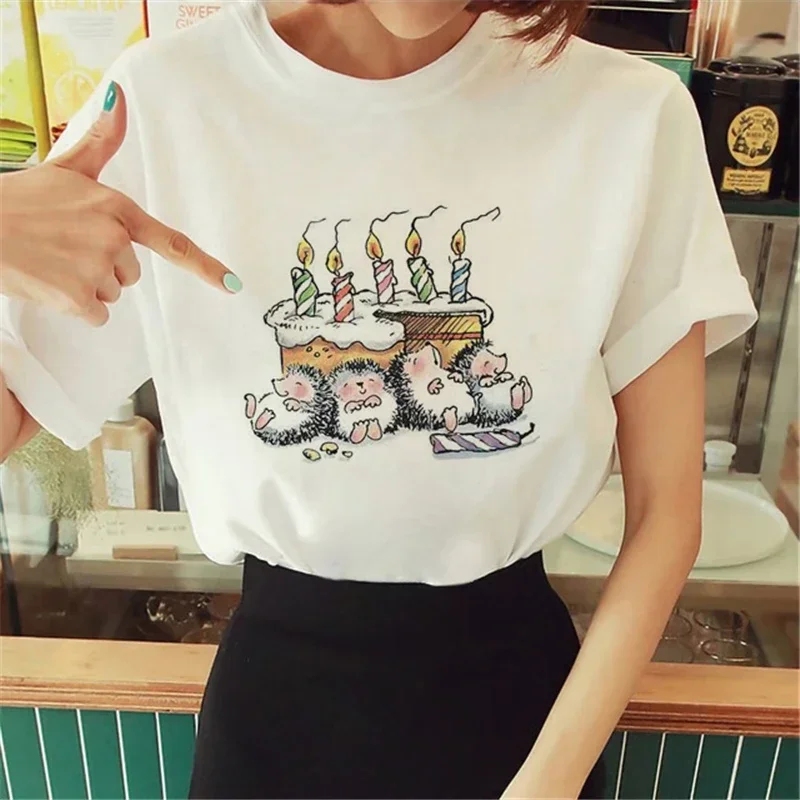 Cute Women T Shirt 2024 Cartoon Hedgehog Print Tops Tshirt femme Graphics Korean Fashion Harajuku Streetwear Ladies Tee shirt