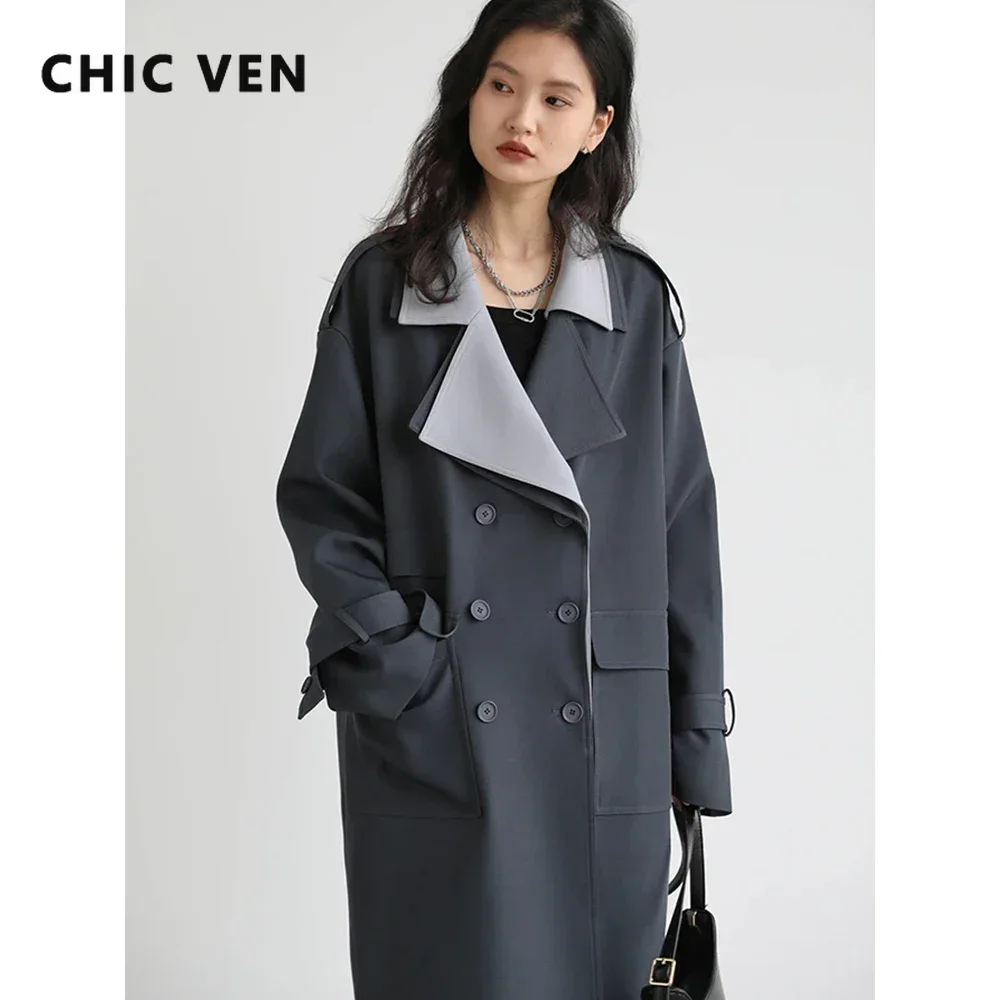 CHIC VEN Women Trench Coat Solid Loose Contrast Double Collar Double Breasted Long Women\'s Windbreaker Office Lady Spring Autumn