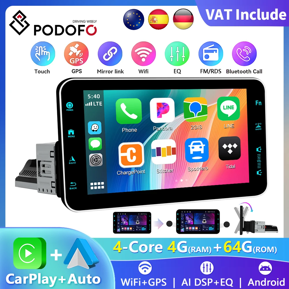Podofo 1din 9 pouces Android15 autoradio sans fil CarPlay Autoradio universel Angle réglable écran WIFI GPS Bluetooth FM Radio