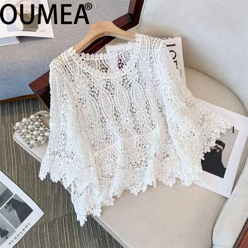 

OUMEA Women Spring Cotton Crochet Blouse Floral Pattern Vintage Tops Hollow Out Knitting Casual Lace Tops