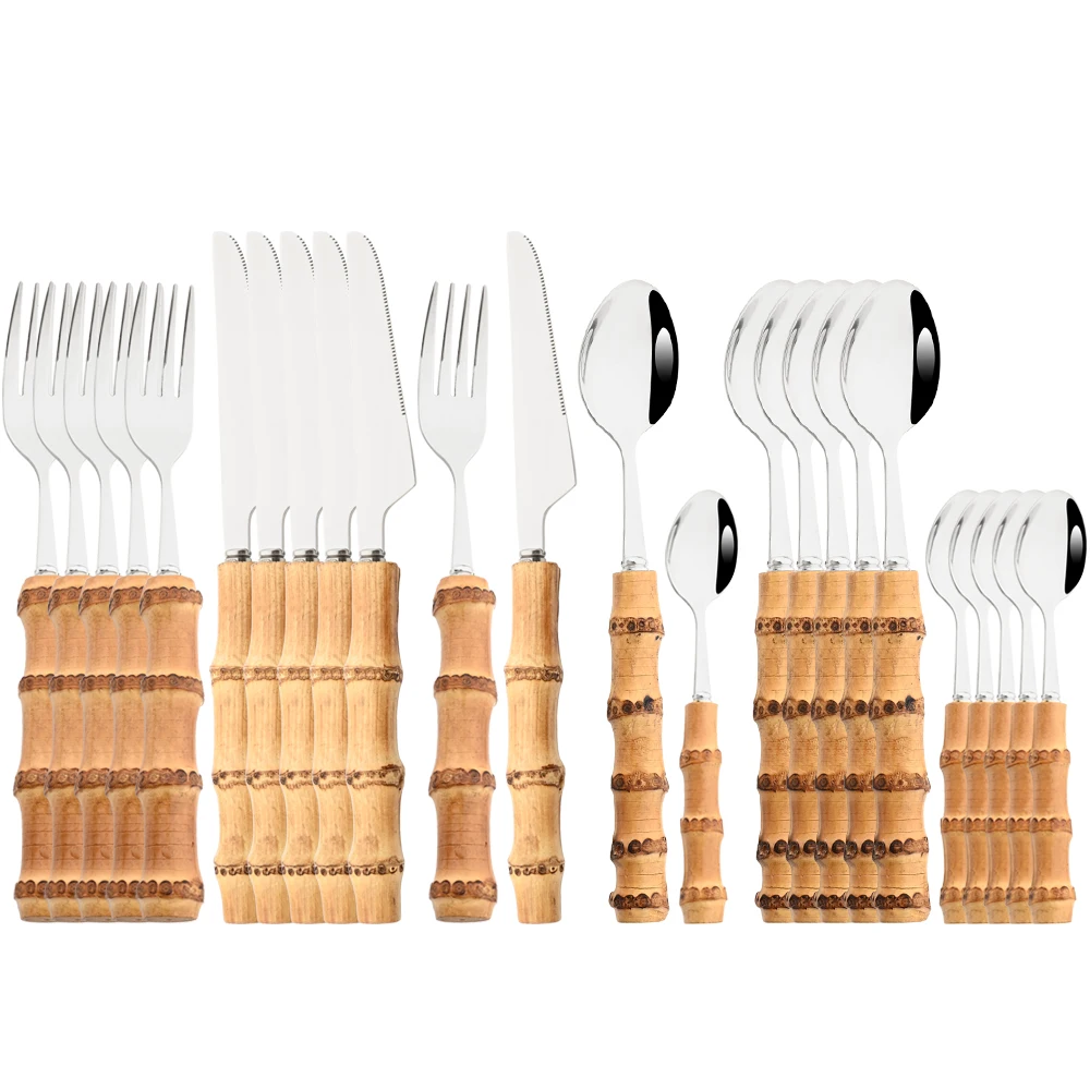 Purely Natural Bamboo Handle Silver Cutlery Set 6/24Pcs Tableware Set Knife Spoon Fork Flatware Stainless Steel Dinnerware Set