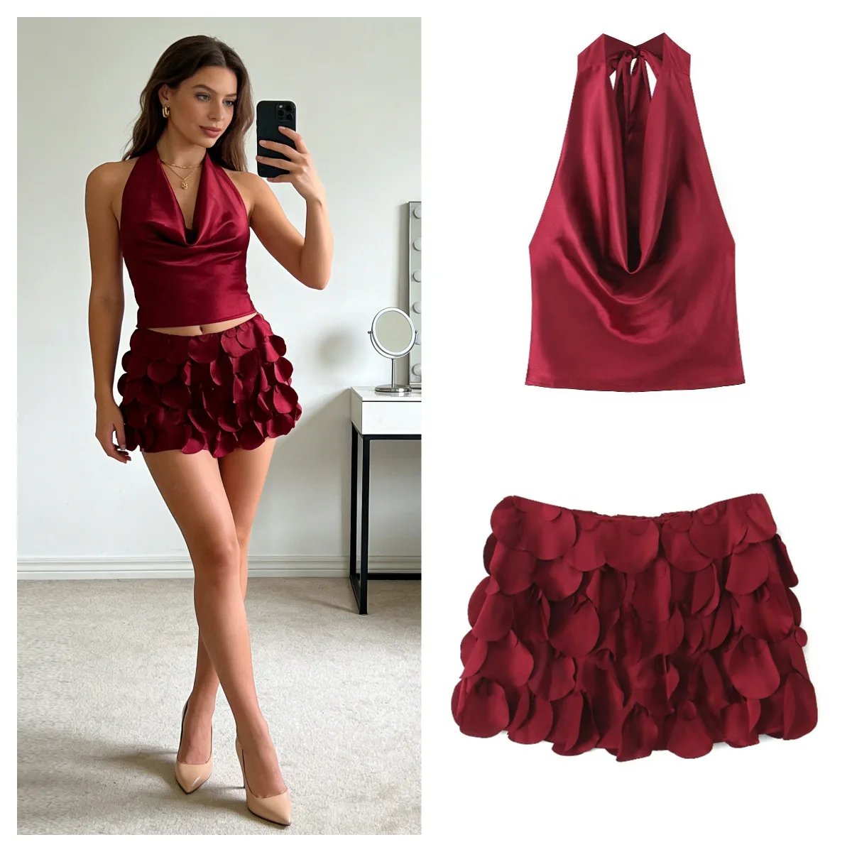 

Two Piece Skirt Set Women's Vintage Sexy Red Top High Street Fashion Off-Shoulder Sleeveless Halter Vest Sequined Mini Skirt