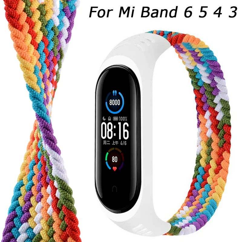 Arco-íris Braid Nylon Pulseira para Xiaomi, Pulseira Confortável, Mi Band 6, 5, 4, 3, Smartwatch, Moda